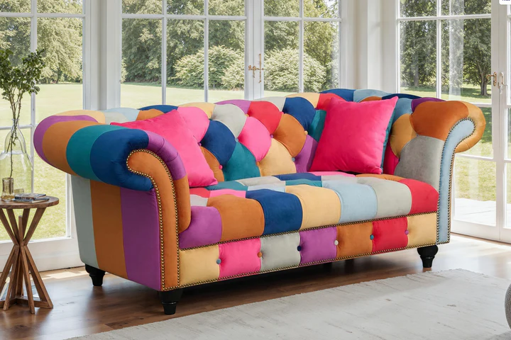 Multicoloured Velvet Patchwork 2 Seater Scroll Arm Chesterfield Sofa PORTOFINO