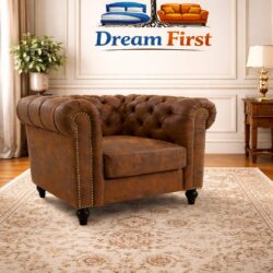 Faux Leather Suede Brown 1 Seater Chesterfield Sofa With Wooden Feet CAMDEN