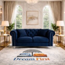Velvet Navy Blue 2 Seater Chesterfield Sofa With Acrylic Feet CAMDEN