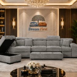 AMELIA Grey Chenille Fabric 1C2 Corner SofaBed with Ottomans Storage