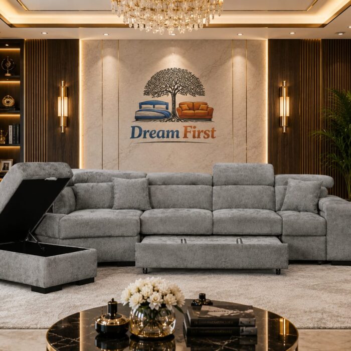 AMELIA Grey Chenille Fabric 1C2 Corner SofaBed with Ottomans Storage