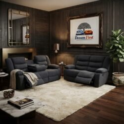 DreamFirst Roma Fabric Reclining Sofa, Grey Fabric, 3+2 Seater with Cup Holders